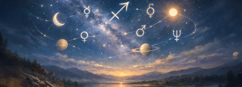 Sagittarius major planetary transits 2026 illustrated through celestial symbols and planets across the night sky, representing key astrological influences shaping Sagittarius&rsquo; year.