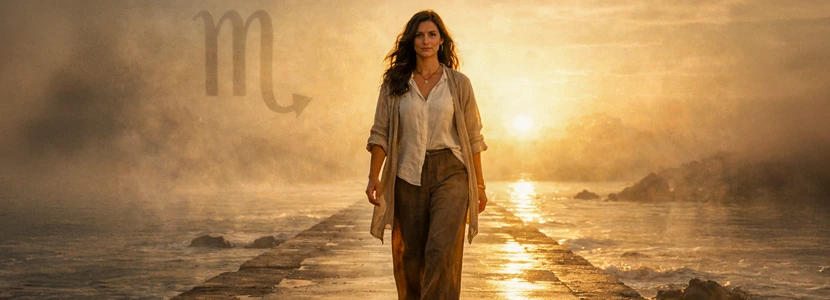 Scorpio horoscope 2026 conclusion image of a woman walking forward at sunrise, symbolising clarity, closure and stepping into a new life chapter.
