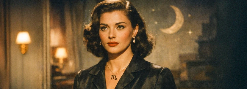 Scorpio horoscope 2026 hero image featuring a confident woman in a cinematic vintage style, symbolising strength, transformation and personal power for Scorpio.