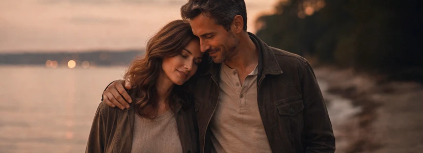 Scorpio love and relationships horoscope 2026 image of an intimate couple by the water, representing emotional depth, trust and romantic connection.