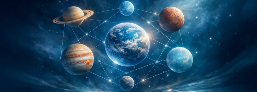 Scorpio major planetary transits 2026 image showing planets aligned in space, symbolising cosmic influences shaping Scorpio&rsquo;s year ahead.