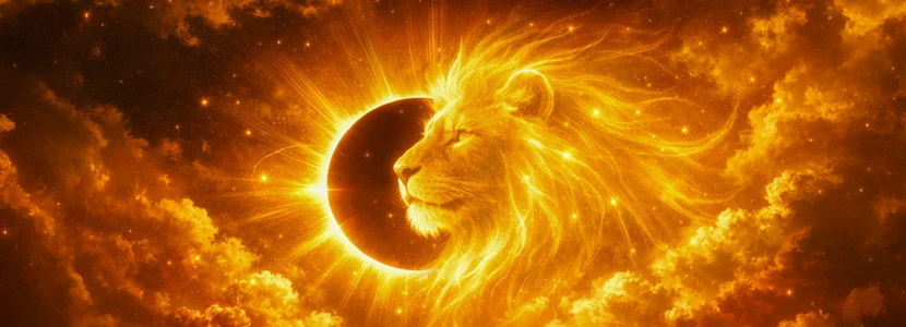 Solar eclipse in Leo astrology artwork featuring a radiant golden lion aligned with an eclipsed sun, symbolising courage, leadership, creative power and heart-centred transformation during a Leo solar eclipse.