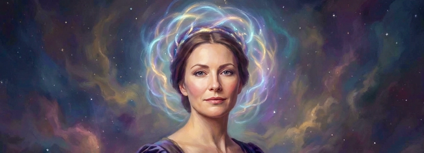 Ethereal portrait of a serene woman with a glowing cosmic halo, symbolising spiritual insight and Universal Year 1 numerology themes.
