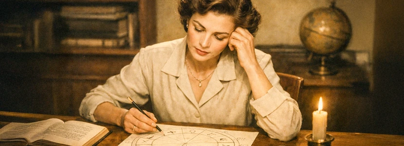 Taurus major planetary transits horoscope image of a woman studying an astrology chart
