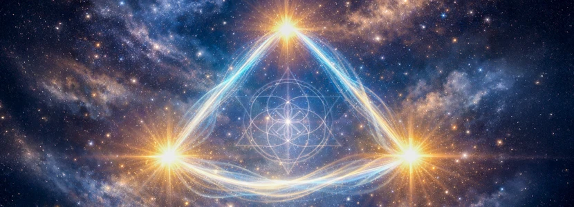 Astrological minor grand trine formation illustrated with three glowing stars connected by flowing light, symbolising harmony, creative flow, opportunity and supportive planetary alignment in astrology.