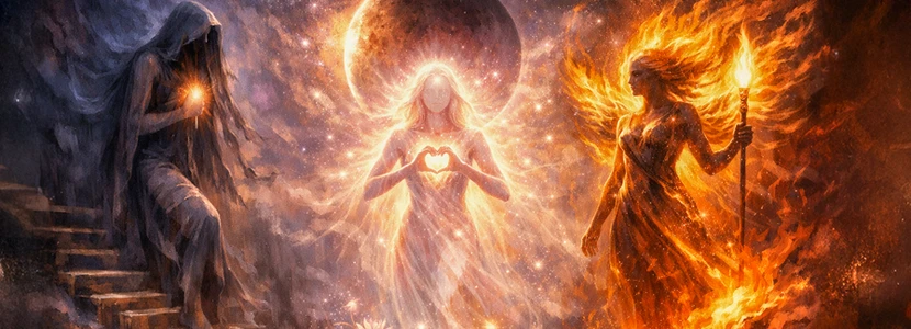 Mythic Venus retrograde artwork featuring three goddess archetypes&mdash;shadow, heart and fire&mdash;symbolising love, desire, transformation and the ancient feminine energies influencing Venus retrograde cycles.