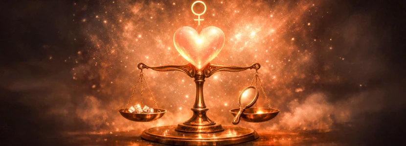 Venus retrograde astrology image showing a glowing heart balanced on golden scales, symbolising love, money, values and self-worth being re-evaluated during Venus retrograde.