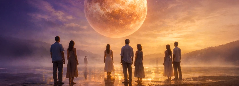 Venus retrograde astrology image showing people standing together beneath a glowing full moon, symbolising relationship reflection, emotional truth and karmic connections during Venus retrograde in Libra and Scorpio.