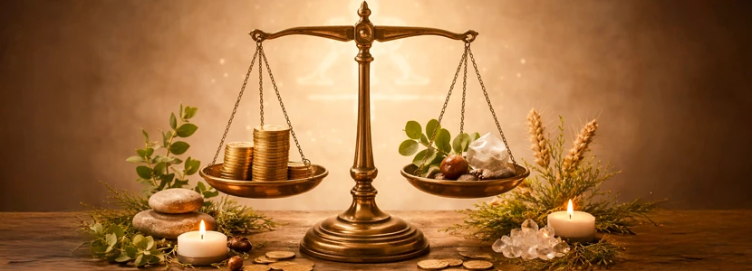 Virgo finance horoscope 2026 image featuring balanced scales with coins, wheat and natural elements, representing financial stability, mindful decisions and long-term security.