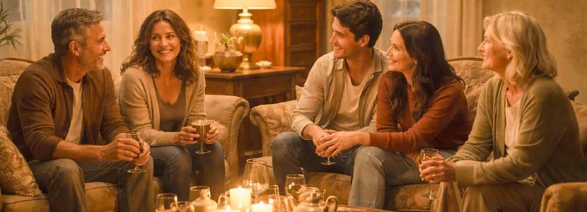 Virgo home and family horoscope 2026 image showing a relaxed group sharing conversation and warmth indoors, representing connection, emotional support and harmony.