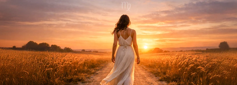 Virgo horoscope 2026 conclusion image of a woman walking through golden fields at sunset, symbolising completion, clarity and a grounded sense of direction.