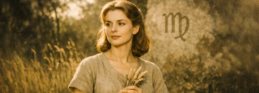 Virgo horoscope 2026 image of a serene woman holding wheat in a vintage landscape with the Virgo zodiac glyph, symbolising reflection, discernment and natural wisdom.