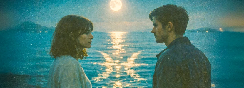 Virgo love horoscope 2026 image of a couple facing each other by the ocean under a full moon, symbolising emotional honesty, intimacy and meaningful connection.