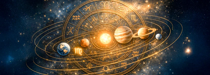 Virgo astrology 2026 planetary transits image featuring the zodiac wheel and orbiting planets, representing cosmic cycles, timing and astrological influences for Virgo.