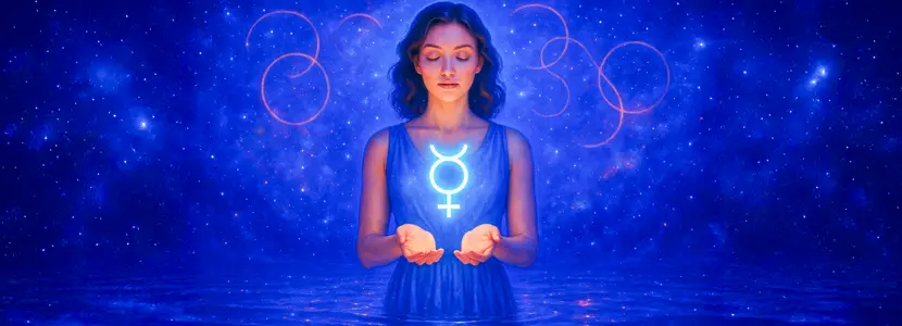 Woman standing in glowing blue light holding the illuminated Mercury symbol above her hands, representing the meaning of Mercury retrograde