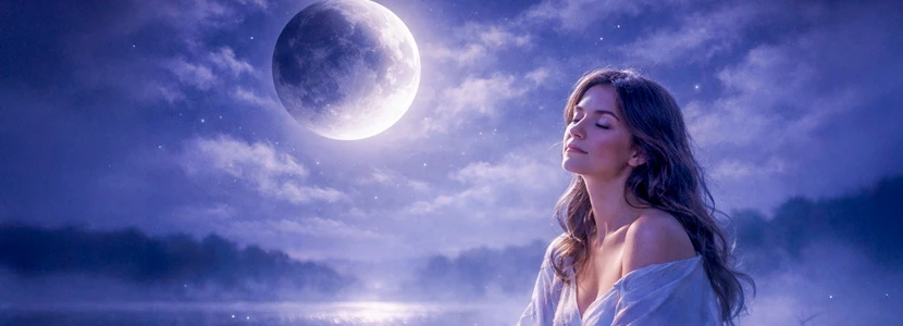 Lunar eclipse astrology image of a serene woman beneath a glowing full moon at night, symbolising emotional release, intuition, reflection and inner healing during a lunar eclipse.