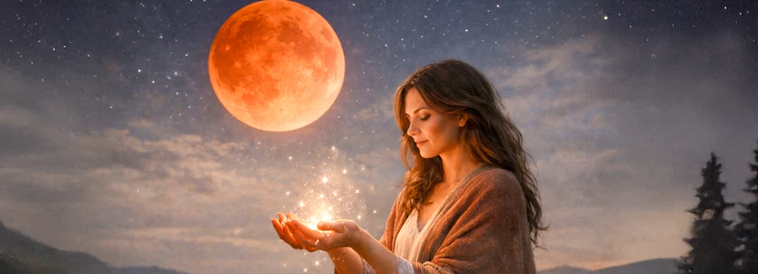 Lunar eclipse astrology image showing a woman gently holding glowing light beneath a copper-coloured moon, symbolising insight, emotional awareness, release and the deeper meaning behind eclipses.