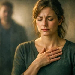 Woman with eyes closed and hand on her chest, sensing inner truth and emotional boundaries, with a blurred male figure in the background symbolising pressure and the difference between appeasement and affirmative consent.
