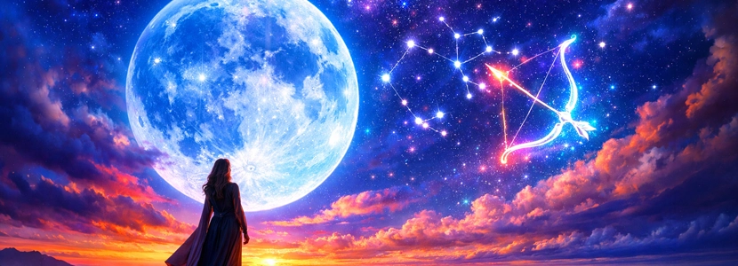 Full Moon in Sagittarius banner showing a glowing blue moon above a vivid purple and orange sky, with a woman standing beneath the moon and a bright Sagittarius bow and arrow constellation in the stars.