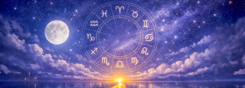 Astrology banner with a glowing zodiac wheel above a calm ocean horizon, full moon on the left, and a radiant golden light rising through soft clouds under a star-filled night sky.